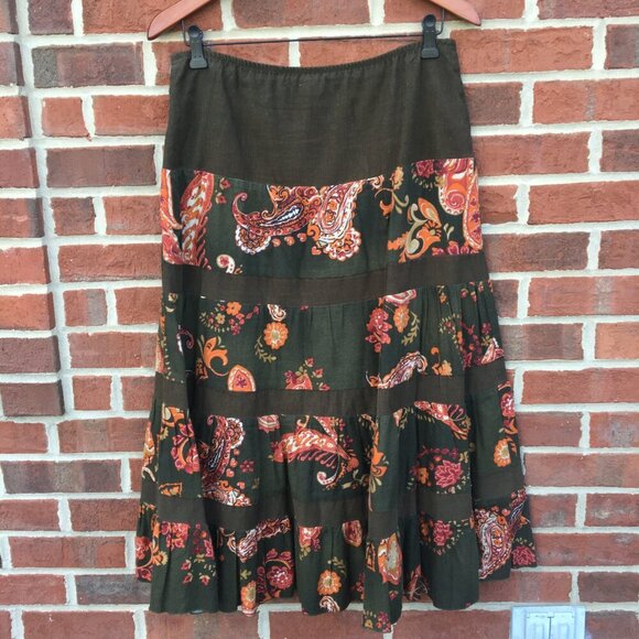 Vintage Casual Corner Skirt Medium Moss Green Tiered Corduroy Blend Boho Hippie - Picture 2 of 12